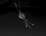 Oval purple Druzy quartz pendant necklace in silver bezel setting with spinel beads on the side and sterling silver chain