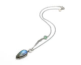 Teardrop blue/green Labradorite pendant necklace in silver bezel and prongs setting with square mint kyanite secondary
