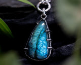 Natural Labradorite pendant necklace with silver leaf and round tiny labradorite secondary