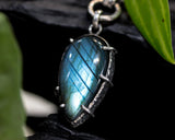 Natural Labradorite pendant necklace in silver bezel and prongs setting with silver leaf secondary