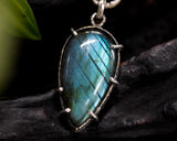 Natural Labradorite pendant necklace in silver bezel and prongs setting with silver leaf secondary