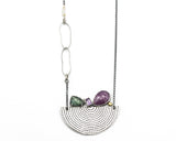 Pink sapphire, kyanite and amethyst necklace with silver fan on sterling silver chain