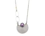 Crescent moon necklace with hexagon pink sapphire in silver bezel setting