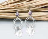 Pink sapphire earrings with silver double circle and finger drops on sterling silver hooks style