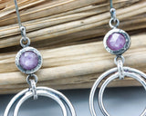 Pink sapphire earrings with silver double circle and finger drops on sterling silver hooks style