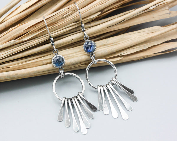Blue kyanite earrings with silver circle and finger drops on sterling silver hooks style