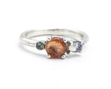 Sterling silver wedding ring with sunstone, monnstone and green tourmaline gemstone in bezel and prongs setting