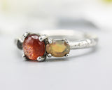 Sterling silver wedding ring with sunstone, opal and green tourmaline gemstone in bezel and prongs setting