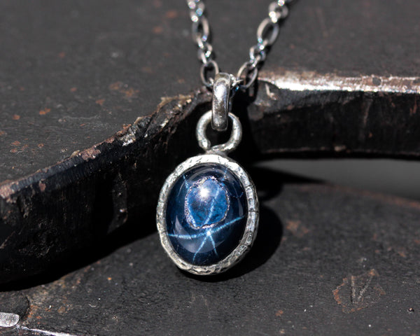 Oxidized Silver Chain with Blue Star Sapphire Necklace