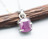 Rectangle Pink sapphire pendant necklace in silver bezel and prongs setting with sterling silver chain