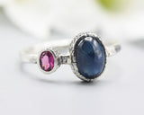 Oval blue sapphire ring and pink tourmaline with sterling silver hammer texture band