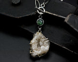 Teardrop Brazilian gray druzy quartz necklace in silver bezel and prongs setting with round mint kyanite gemstome