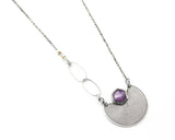 Crescent moon necklace with hexagon pink sapphire in silver bezel setting