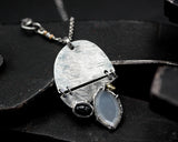 Sterling silver oval engraving folding accordion pendant necklace with white moonstone and Black star diposide gemstone