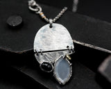 Sterling silver oval engraving folding accordion pendant necklace with white moonstone and Black star diposide gemstone