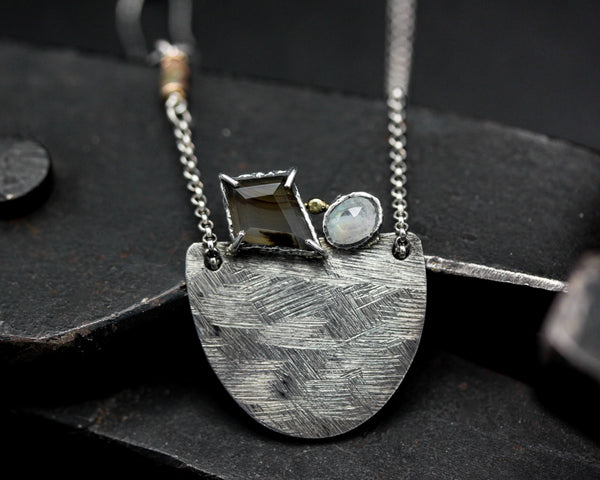 Sterling silver semi oval shape pendant necklace with moonstone and dendritic quartz gemstone on sterling silver chain