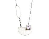 Princess cut amethyst pendant necklace in silver bezel and prongs setting with silver semi-circle shape on sterling silver chain