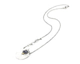 Teardrop blue sapphire pendant necklace with silver oval shape plate on sterling silver chain