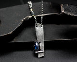 Sterling silver trapezoid shape pendant necklace with rectangle blue kyanite gemstone on sterling silver chain