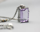 Princess cut amethyst pendant necklace in silver bezel and prongs setting with sterling silver chain