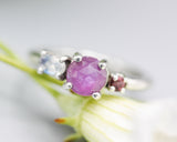 Sterling silver wedding ring with pink sapphire, moonstone, garnet gemstone in bezel and prongs setting