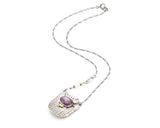 Pink sapphire and moonstone pendant necklace in silver bezel setting with silver engraving plate on sterling silver chain