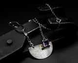 Princess cut amethyst pendant necklace in silver bezel and prongs setting with silver semi-circle shape on sterling silver chain