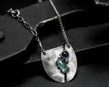 Silver plate in semi-oval pendant necklace with paraiba kyanite and iolite gemstone on sterling silver chain