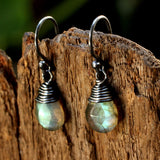 Faceted labradorite drops earrings with oxidized silver wire on sterling silver oxidized hook style - Metal Studio Jewelry