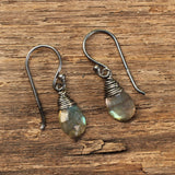 Faceted labradorite drops earrings with oxidized silver wire on sterling silver oxidized hook style - Metal Studio Jewelry