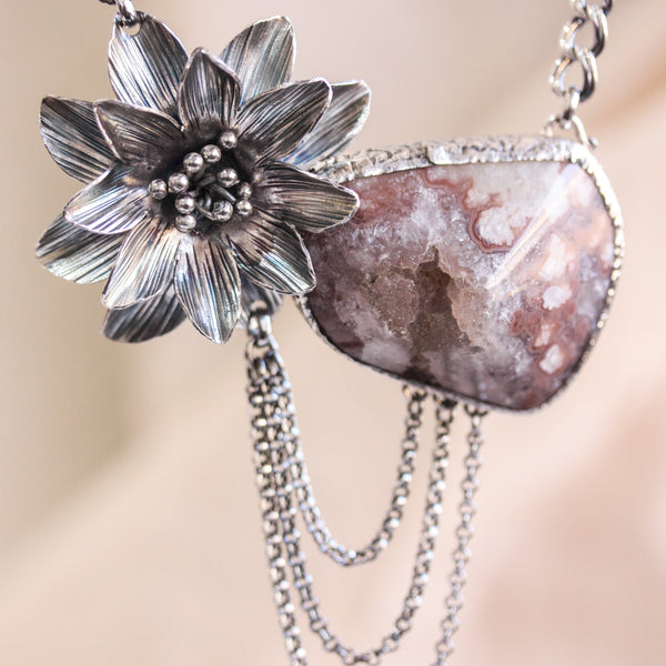 Large brown Druzy pendant necklace with silver flower shape on sterling silver chain