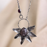 Oval brown Druzy pendant necklace with silver flower shape on sterling silver chain