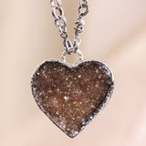Brown Druzy in Heart shape pendant necklace with sterling silver chain
