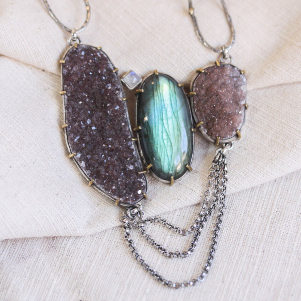 Large brown druzy pendant necklace with labradorite and moonstone gemstone on sterling silver chain