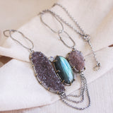 Large brown druzy pendant necklace with labradorite and moonstone gemstone on sterling silver chain