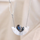 Silver fan pendant necklace with teardrop Labradorite, blue kyanite, blue sapphire and moonstone gemstone