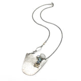 Sterling silver semi-oval pendant necklace with white Moonstone, blue kyanite, moonstone and freshwater pearls gemstone