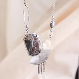 Brown natural Brazilian druzy necklace with silver matte fan shape on oxidized sterling silver chain