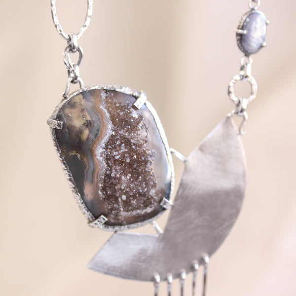 Brown natural Brazilian druzy necklace with silver matte fan shape on oxidized sterling silver chain