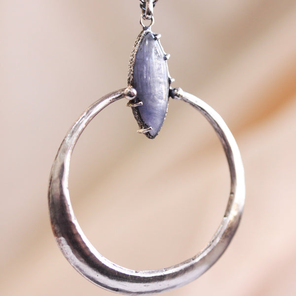 Marquise Blue kyanite and sterling silver circle shape pendant necklace with sterling silver chain