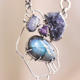 Teardrop Labradorite pendant necklace in silver bezel and prongs setting with Druzy, Blue kyanite and Amethyst gemstone
