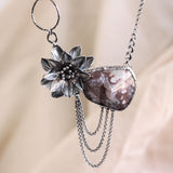 Large brown Druzy pendant necklace with silver flower shape on sterling silver chain