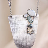 Sterling silver semi-oval pendant necklace with white Moonstone, blue kyanite, moonstone and freshwater pearls gemstone