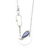 Teardrop Labradorite pendant necklace with silver semi-circle in matte finish brush texture on sterling silver chain
