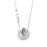 Marqiuse cabochon labradorite pendant necklace with silver circle in spiral design on sterling silver chain