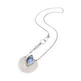 Marqiuse cabochon labradorite pendant necklace with silver circle in spiral design on sterling silver chain