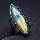 Marquis dark blue/olive greenLabradorite ring in silver bezel and prongs setting with sterling silver skeleton multi wrap band