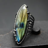 Marquis dark blue/olive greenLabradorite ring in silver bezel and prongs setting with sterling silver skeleton multi wrap band