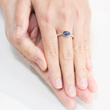 Natural Blue sapphire ring in rose gold bezel setting with sterling silver in hammer texture band