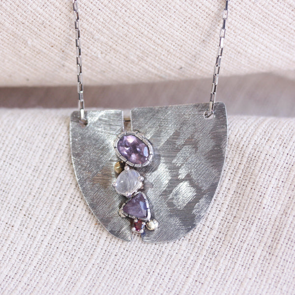 Sterling silver semi-oval shape pendant necklace with Amethyst, moonstone, pink sapphire and garnet gemstone